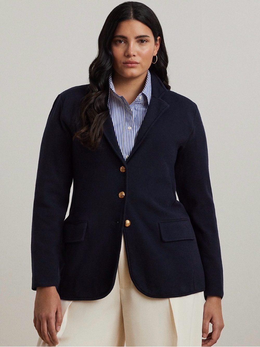 Lauren Ralph Lauren Notch Lapel Long Sleeve Cotton Knit Blazer Navy